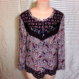 Long Sleeve Lace Panel Scoop Neck Boho Peasant Top